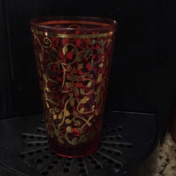 6 Vintage Ruby & Gilt Gold Leaf Juice Glasses